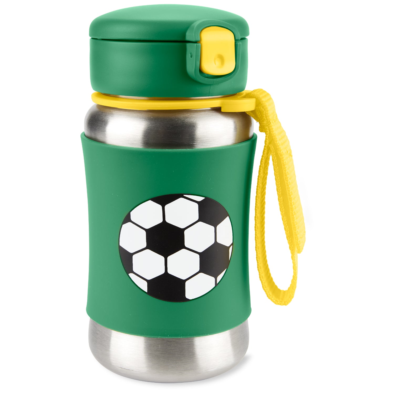 Botella de agua térmica verde con diseño de balón de fútbol, vista lateral